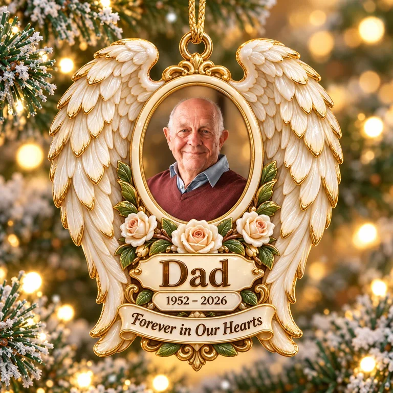 Personalized Custom Photo Dad Memorial Angel Wings Rose 3D Ornament - Christmas Remembrance Keepsake