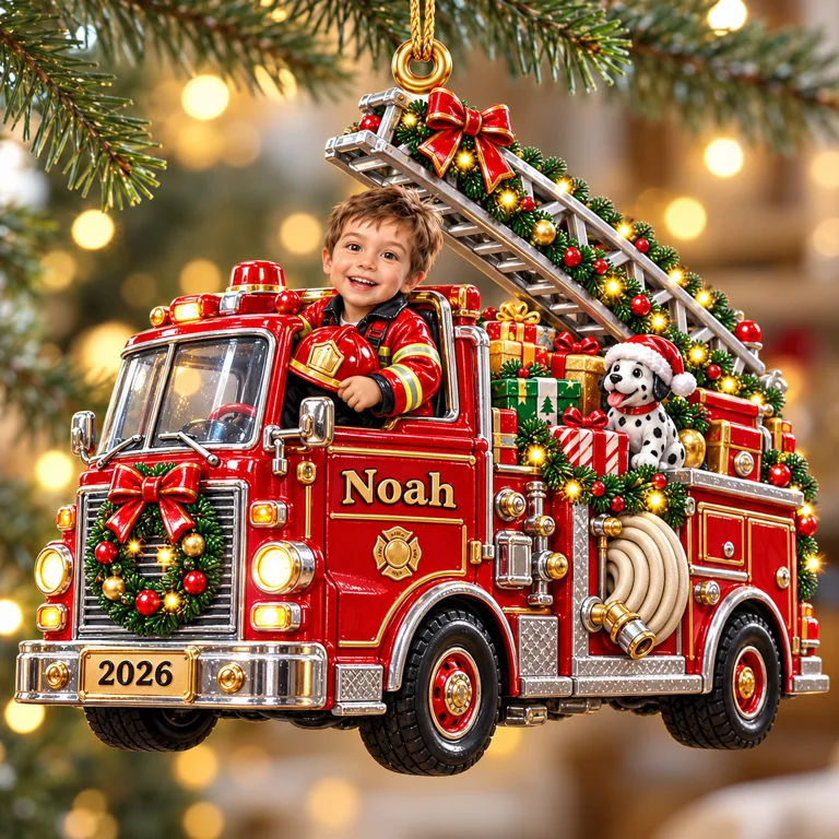 Personalized Custom Photo Fire Truck 3D Ornament - 2026 Christmas Gift for Boys