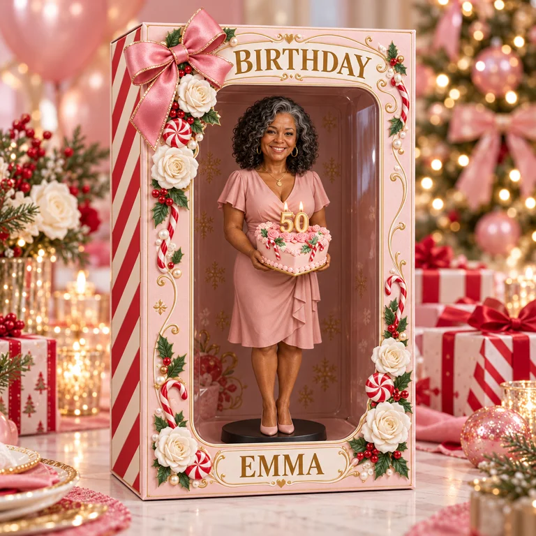 Personalized Custom Photo Christmas Candy Figurine in Acrylic Display Box - 50th Birthday Gift for Women