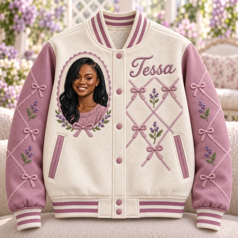 Personalized Birthday Varsity Jacket - Bow Lattice Portrait and Name