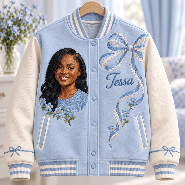 Personalized Blue Bow Varsity Jacket - Women's Birthday Gift with Portrait and Name
