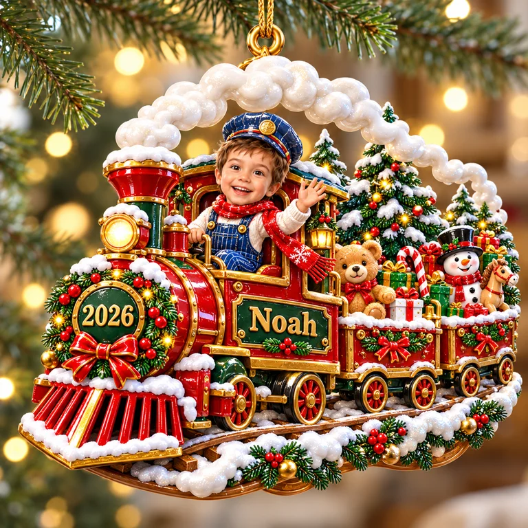 Personalized Custom Photo Train 3D Ornament - 2026 Christmas Gift for Boys