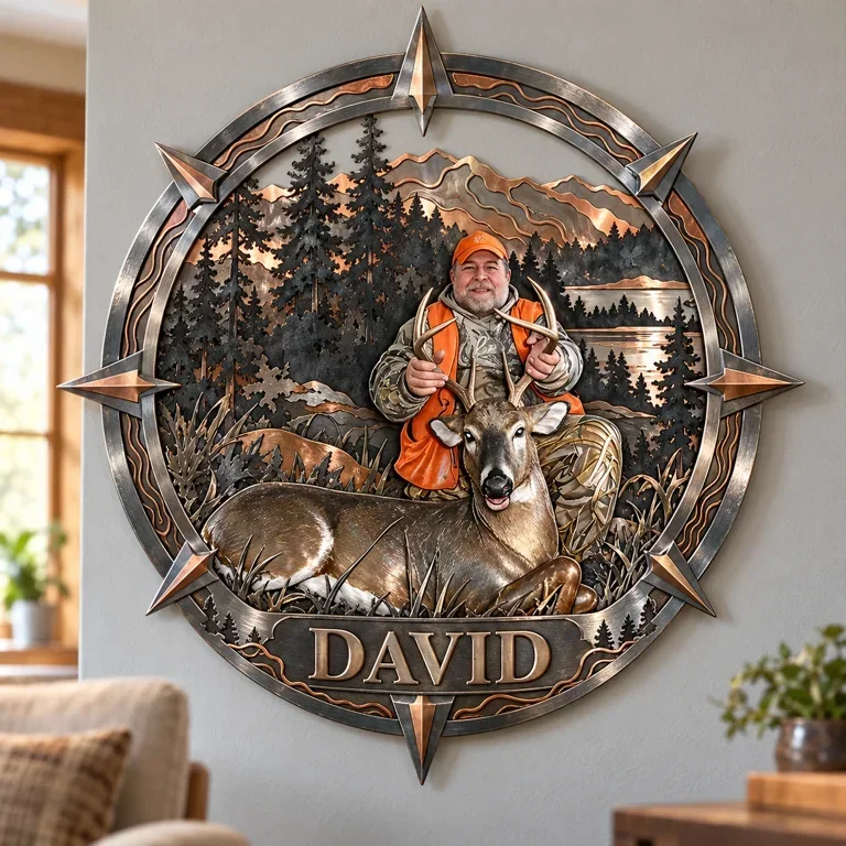 Personalized Custom Photo Deer Hunting 3D Metal Wall Art - Compass Frame Gift for Older Men