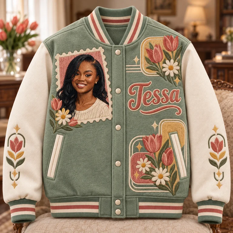 Personalized Birthday Varsity Jacket - Retro Floral Portrait and Name