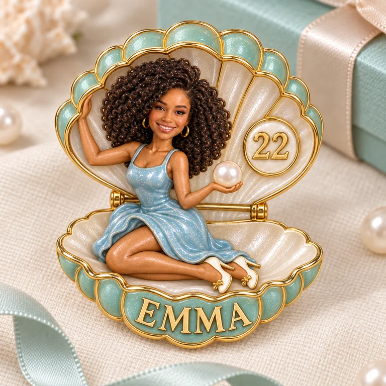 Personalized Birthday Shell Brooch - Pearl, Portrait, Name and Age