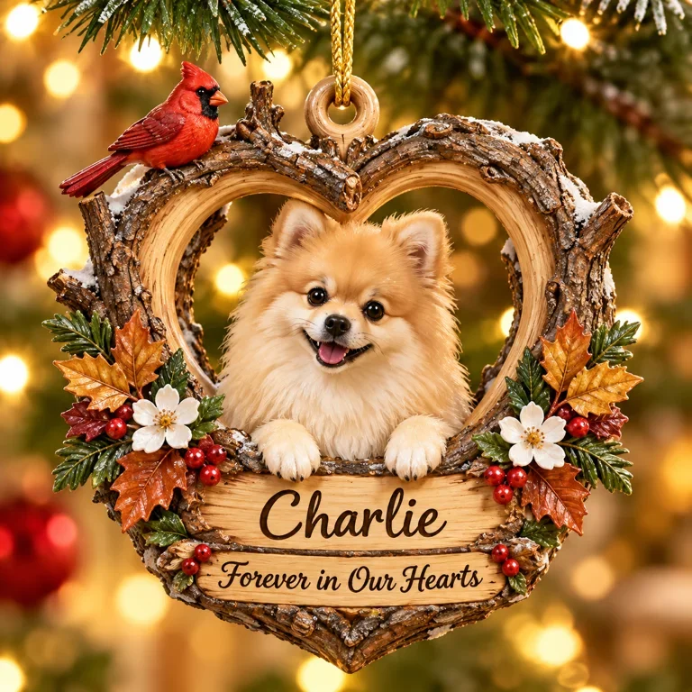 Personalized Custom Photo Pomeranian Memorial 3D Woodland Heart Ornament - Christmas Dog Lover Gift