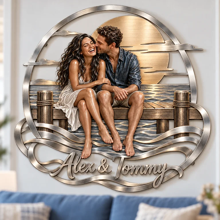 Personalized Custom Photo Sunset Pier 3D Metal Wall Art - Gift for Couples