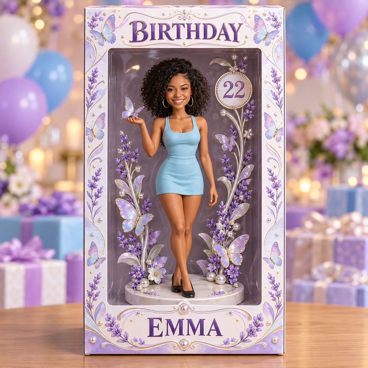 Personalized Birthday Display Box - Portrait Figurine with Lavender Butterfly, Name and Age
