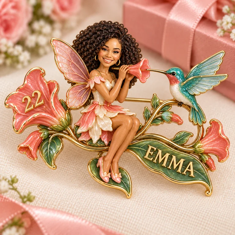 Personalisierte Blumenfee Brosche - Geburtstagsgeschenk mit Foto, Name und Alter, Kolibri und Trompetenblumen