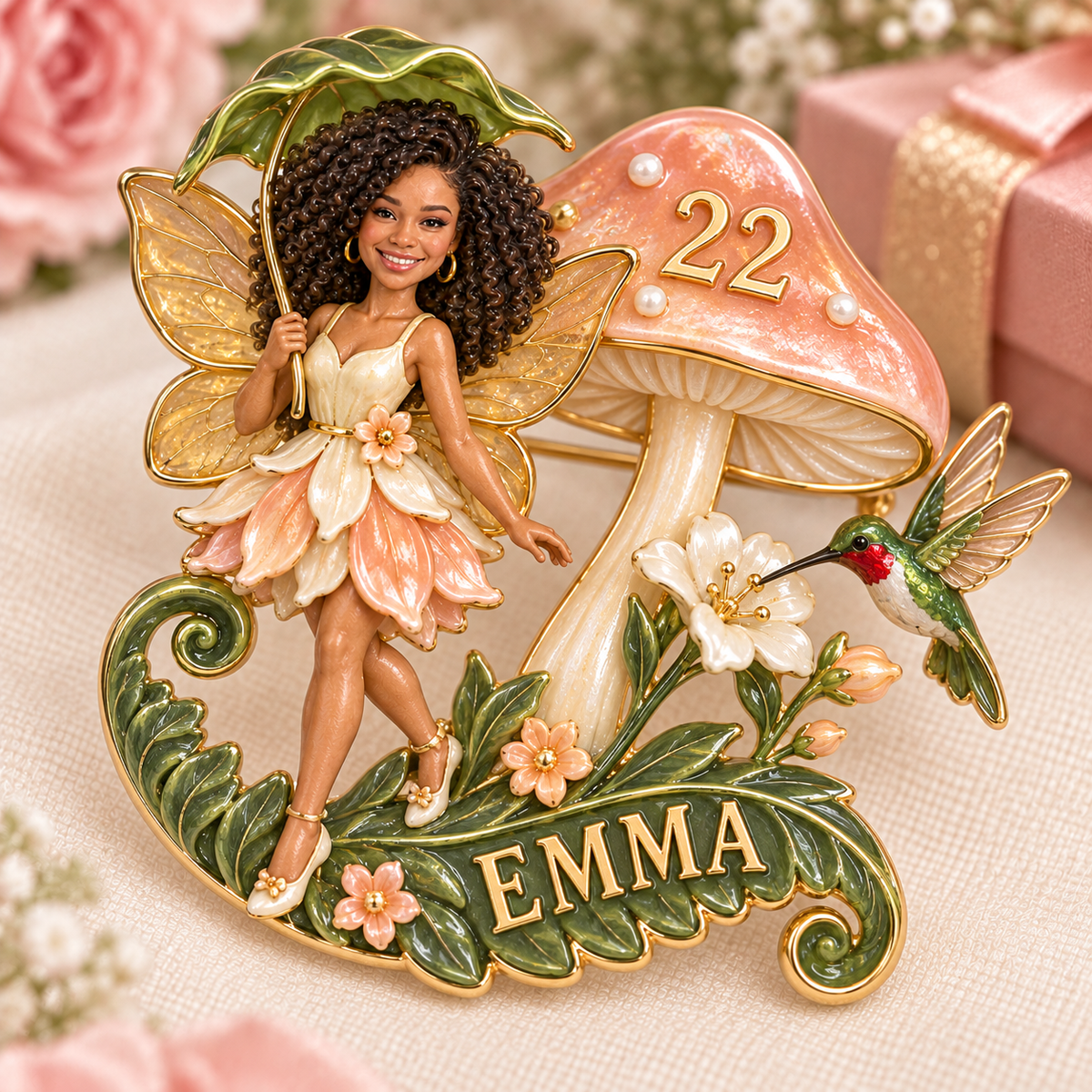 Personalisierte Feengarten-Anstecknadel - Geburtstagsgeschenk mit Foto, Name und Alter, Pilz und Kolibri