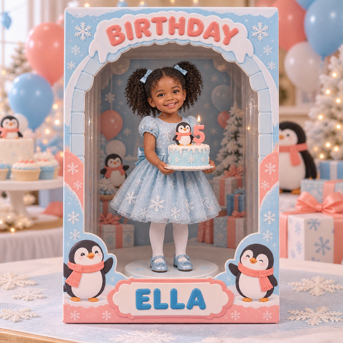 Personalisierte Acryl-Displaybox mit Foto-Pinguin - 5. Geburtstag Geschenk für Mädchen