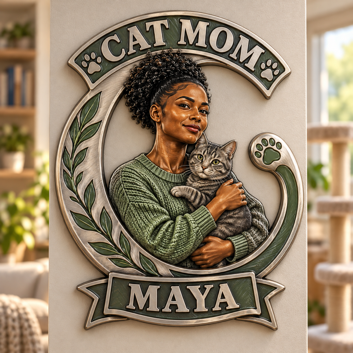 Personalisierte 3D-gedruckte Metalltafel für Katzenmamas - Geschenk für junge Frauen