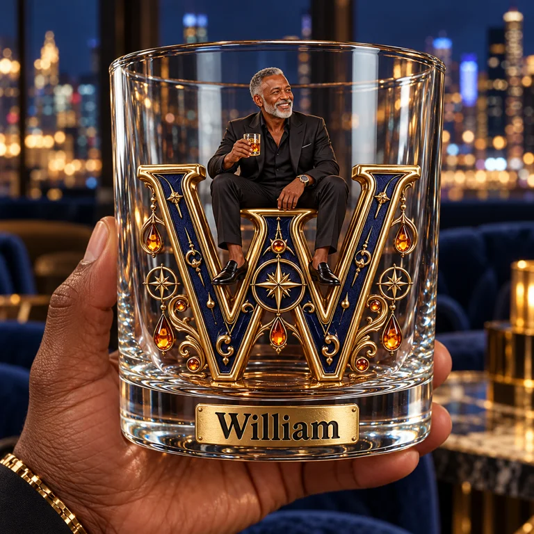 Personalized Custom Photo Celestial Monogram Whiskey Glass - Gift for Older Men Who Love Whiskey