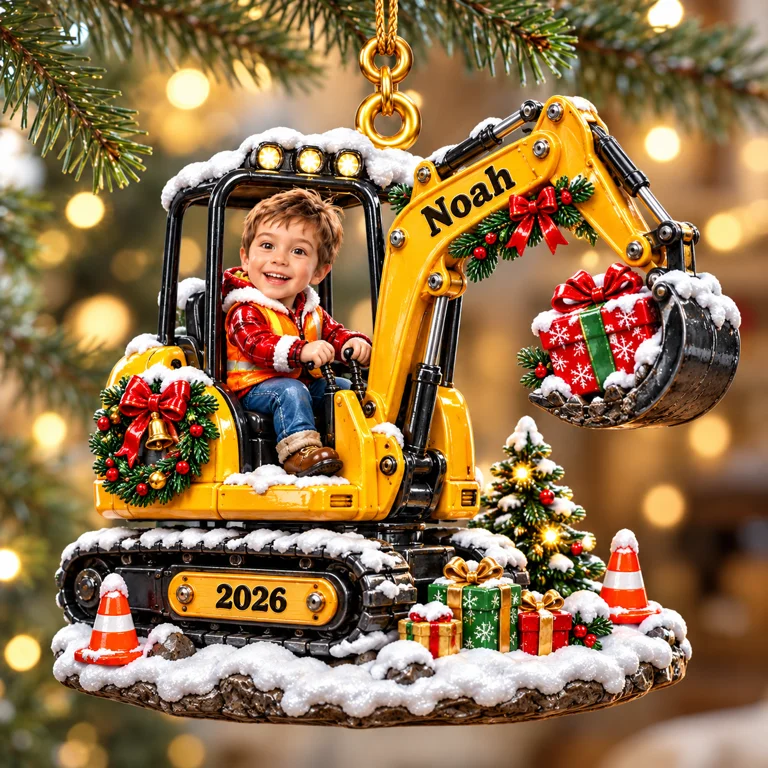 Personalized Custom Photo Excavator 3D Ornament - 2026 Christmas Gift for Boys