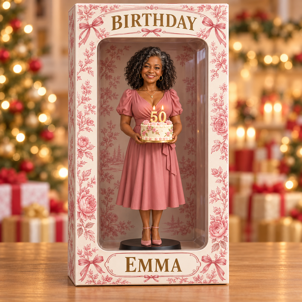Personalisierte Fotofigurinen-Displaybox in Pink - 50. Geburtstagsgeschenk für Frauen