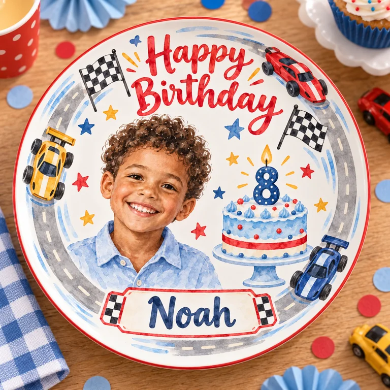 Personalized Race Car Ceramic Plate - Birthday Watercolor Portrait, Custom Name and Age