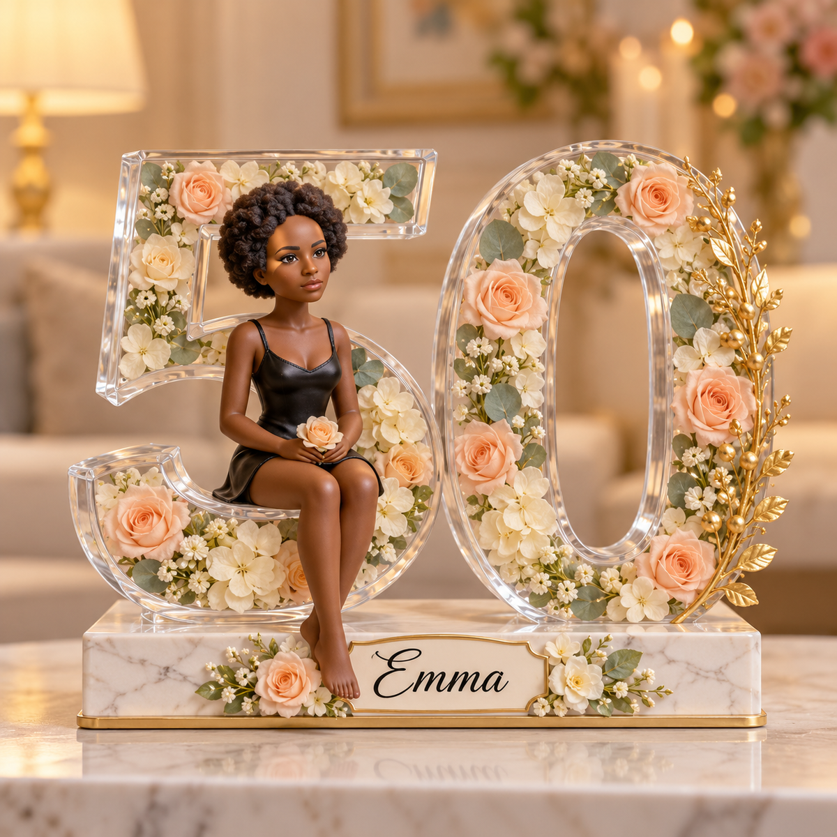 Personalized 50th Birthday Photo Plaque - Floral Acrylic Number Decoration for Women