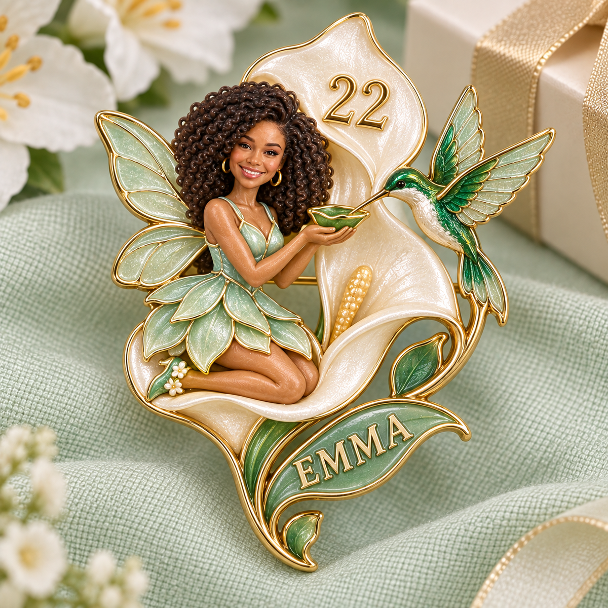 Personalized Birthday Hummingbird Brooch - Fairy Portrait, Calla Lily, Name and Age