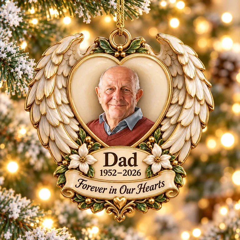 Personalized Custom Photo Dad Memorial Angel Wings Heart 3D Ornament - Christmas Remembrance Keepsake
