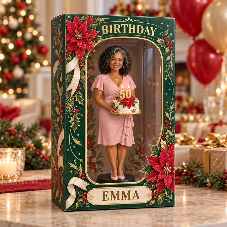 Personalized Custom Photo Poinsettia Figurine in Acrylic Display Box - 50th Birthday Gift for Women