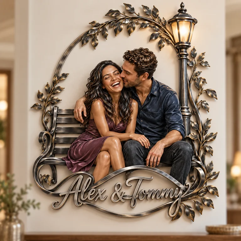 Personalisierte 3D Metall Wandkunst Parkbank - Geschenk für Paare