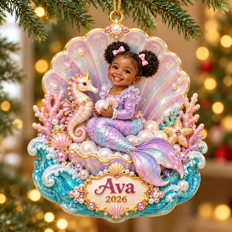 Personalized Custom Photo Mermaid 3D Ornament - 2026 Christmas Gift for Little Girls