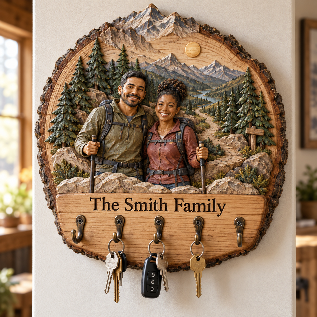 Personalized Hiking Key Rack - Mountain Couple with 5 Hooks