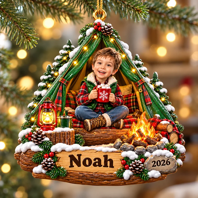 Personalized Custom Photo Camping 3D Ornament - 2026 Christmas Gift for Boys