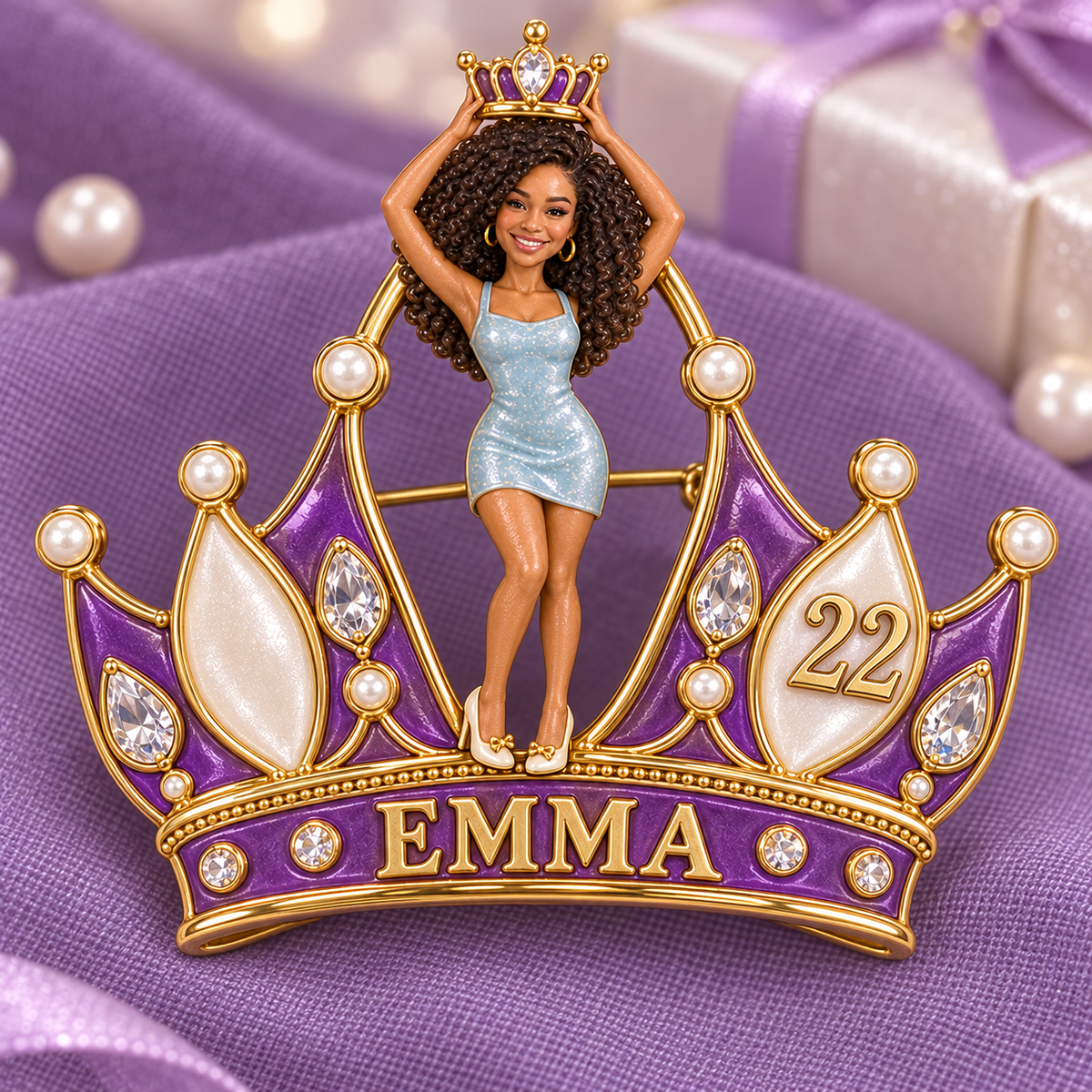 Personalized Birthday Crown Brooch - Sculpted Portrait, Name and Age