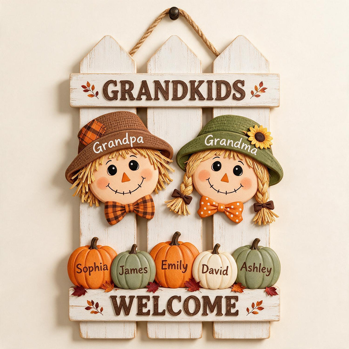 Personalized Fall Scarecrow Grandparents Welcome Wood Sign, Grandkids Gift