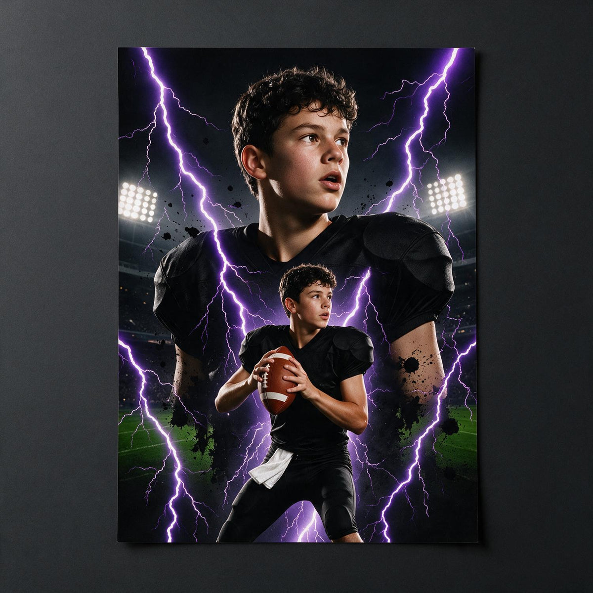Custom Photo Teen Football Player Lightning Bootleg Poster - Young Athlete Gift
