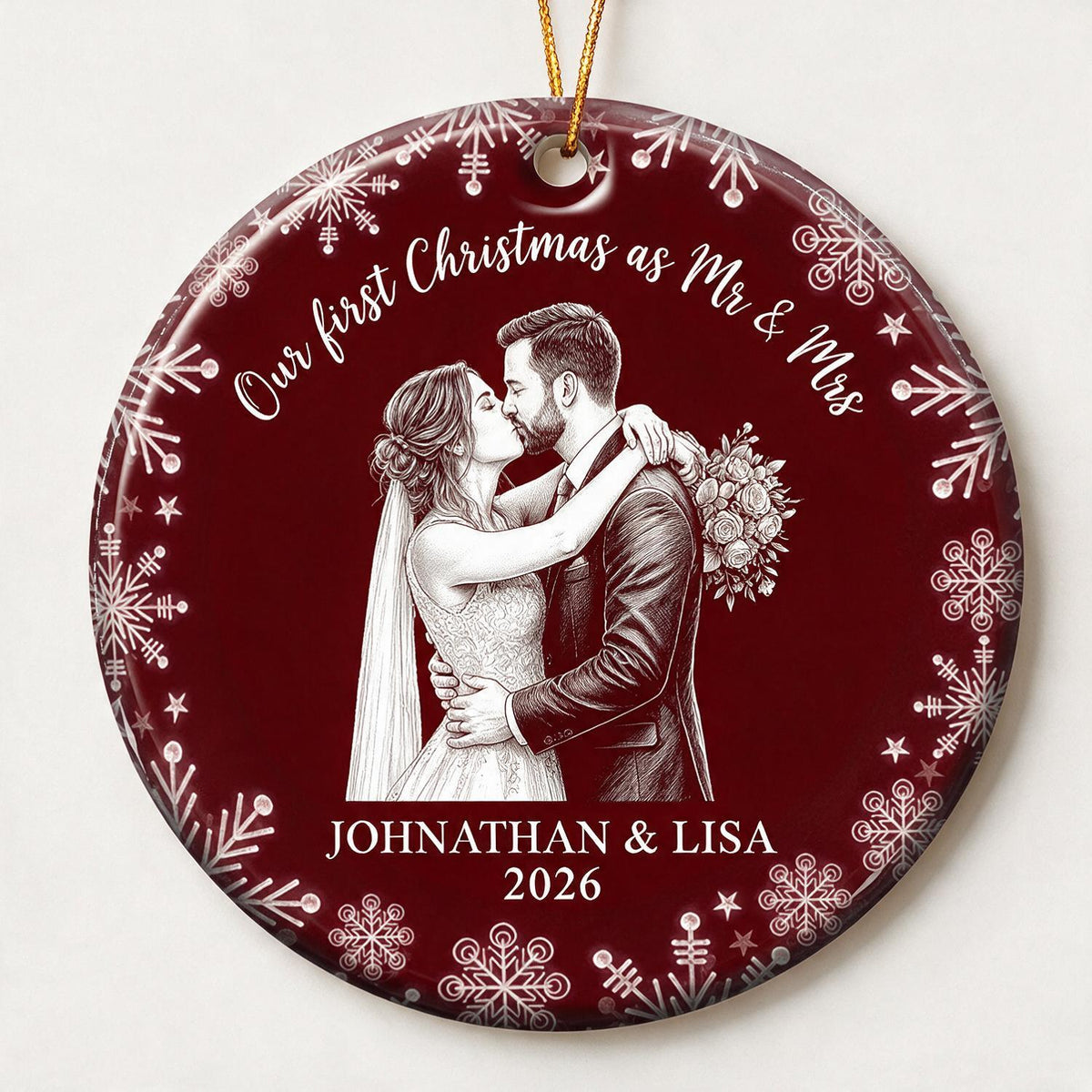 Personalized Our First Christmas as Mr & Mrs Wedding Couple Line Art Ornament, Newlywed Holiday Gift