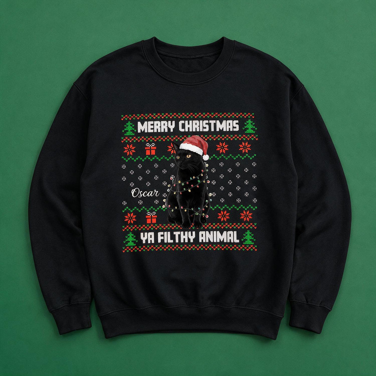 Personalisierter Weihnachts-Sweatshirt mit schwarzer Katze, Geschenk für Katzenliebhaber