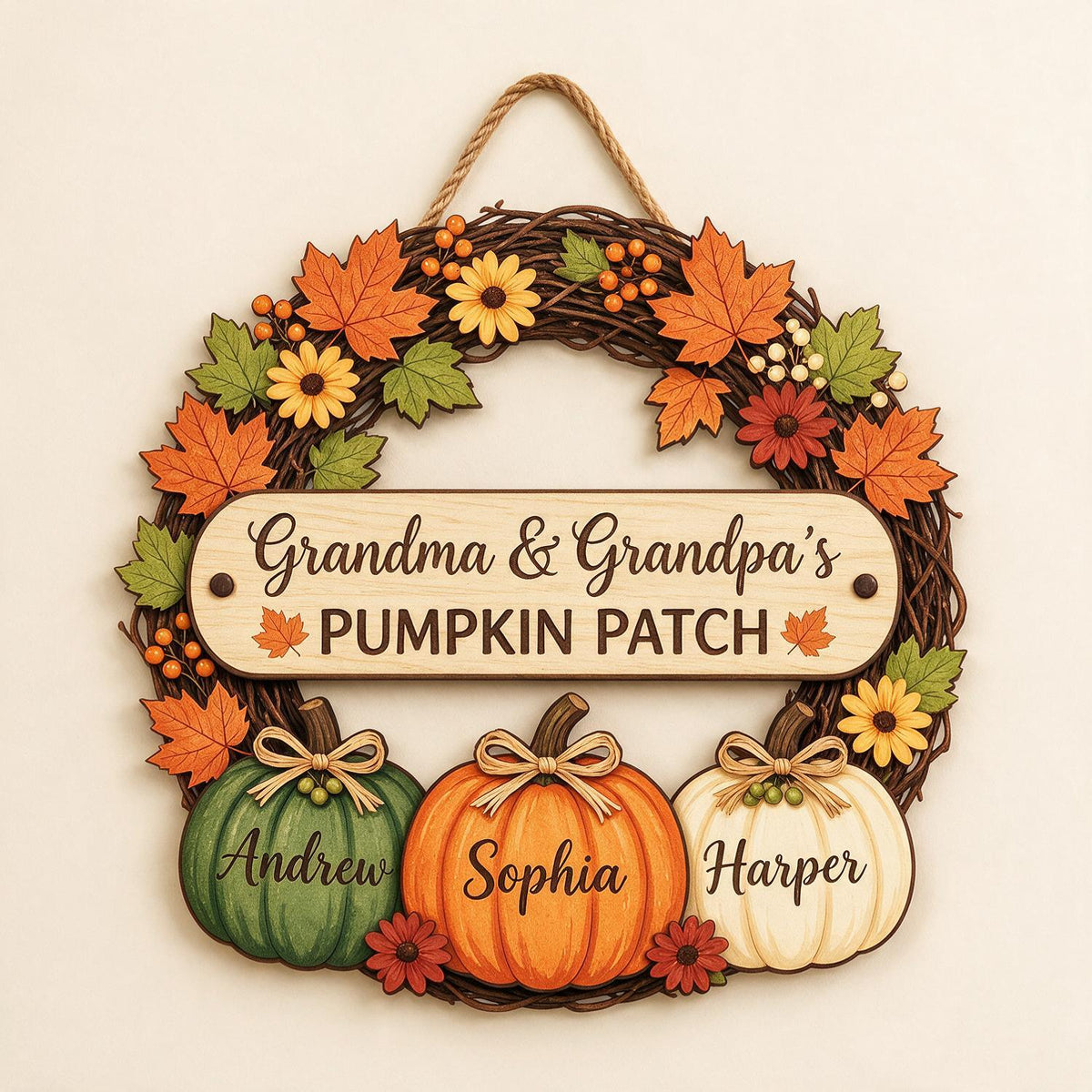 Personalized Fall Grandma & Grandpa's Pumpkin Patch Door Wreath, Custom Grandkids Names Decor