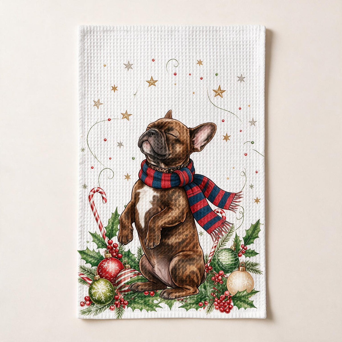 Custom Photo Christmas Brindle French Bulldog Kitchen Towel, Dog Lover Gift Decor