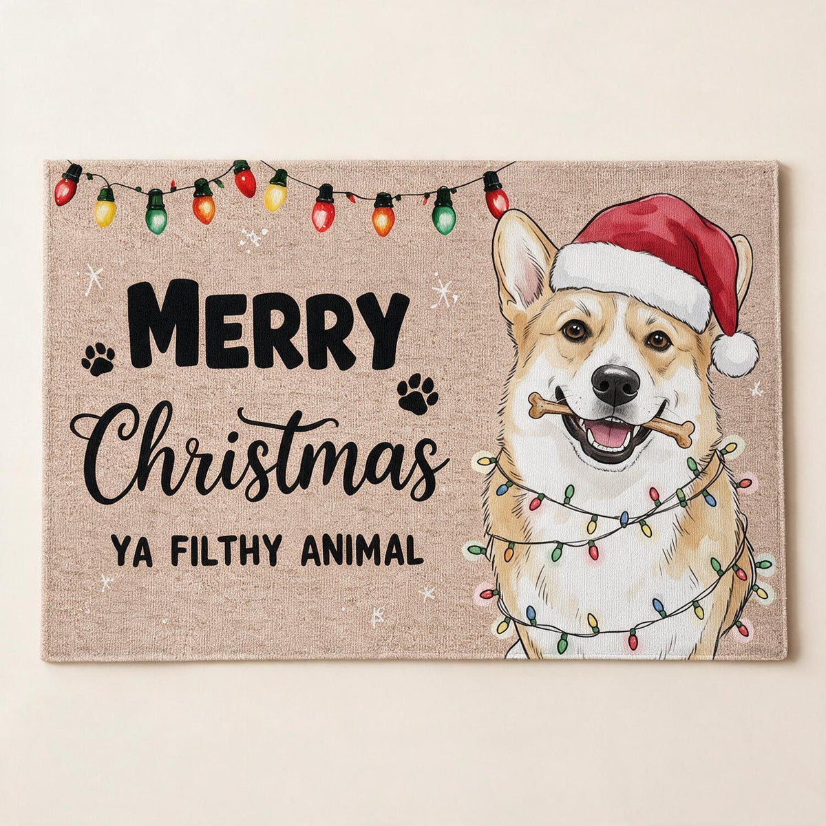 Custom Photo Christmas Smiling Corgi With Santa Hat Doormat, Merry Christmas Ya Filthy Animal