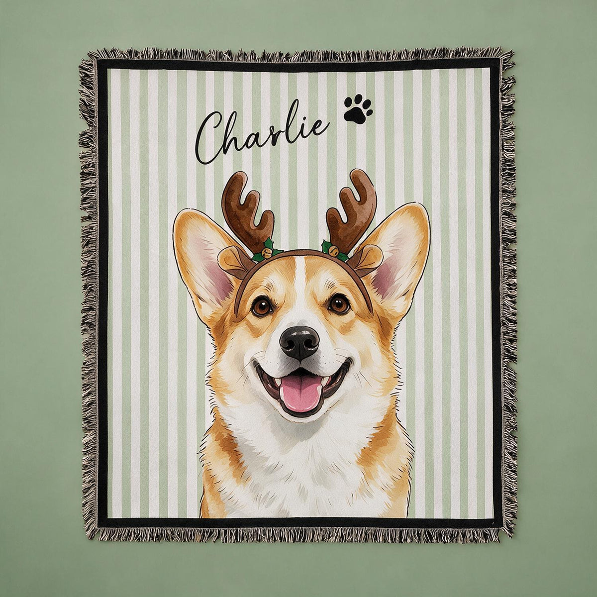Personalized Christmas Smiling Corgi Reindeer Striped Woven Blanket, Custom Pet Portrait Gift