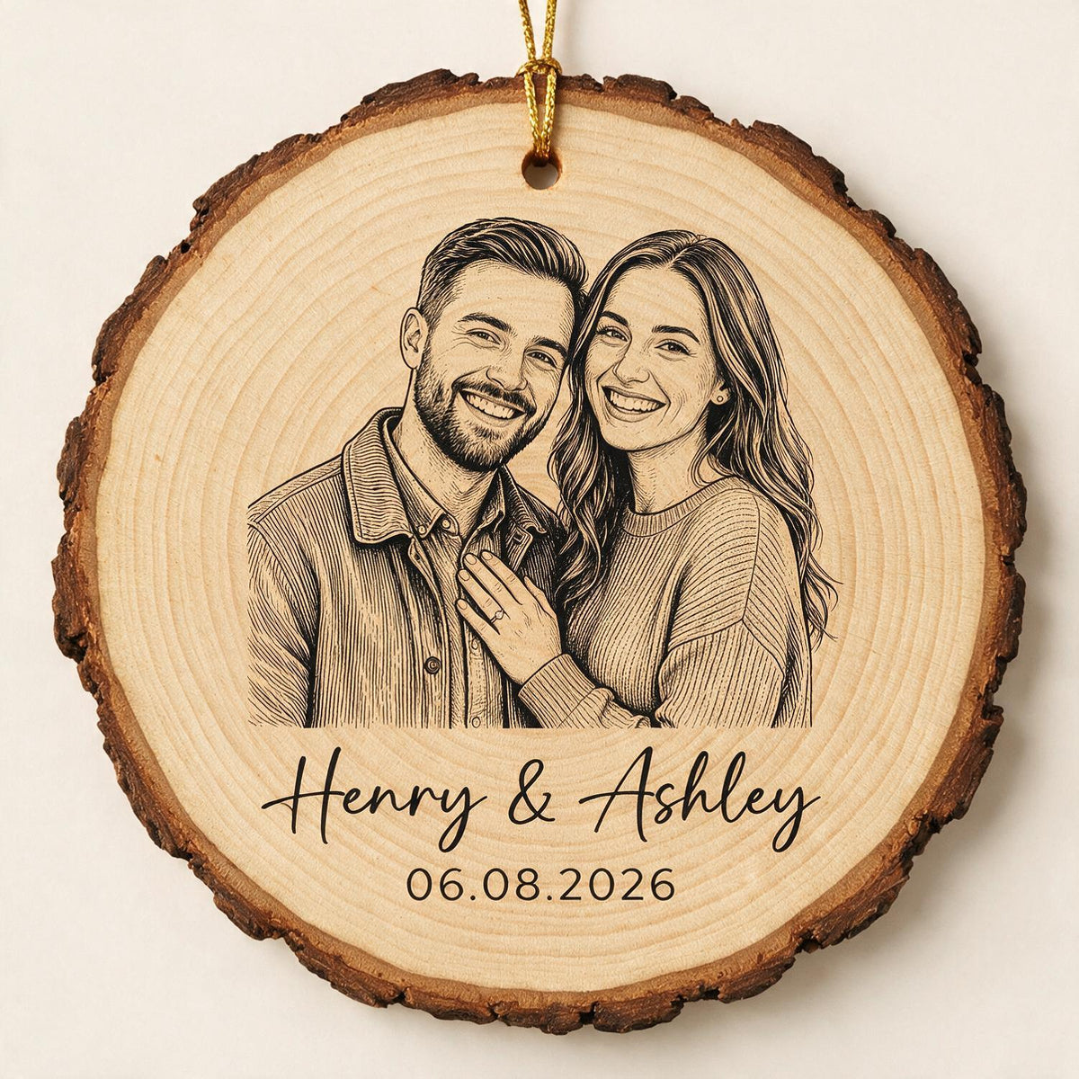 Sketch Style Couple Forever Love Custom Photo - Personalized Wooden Ornament - Christmas Gift, Anniversary Gift For Couple