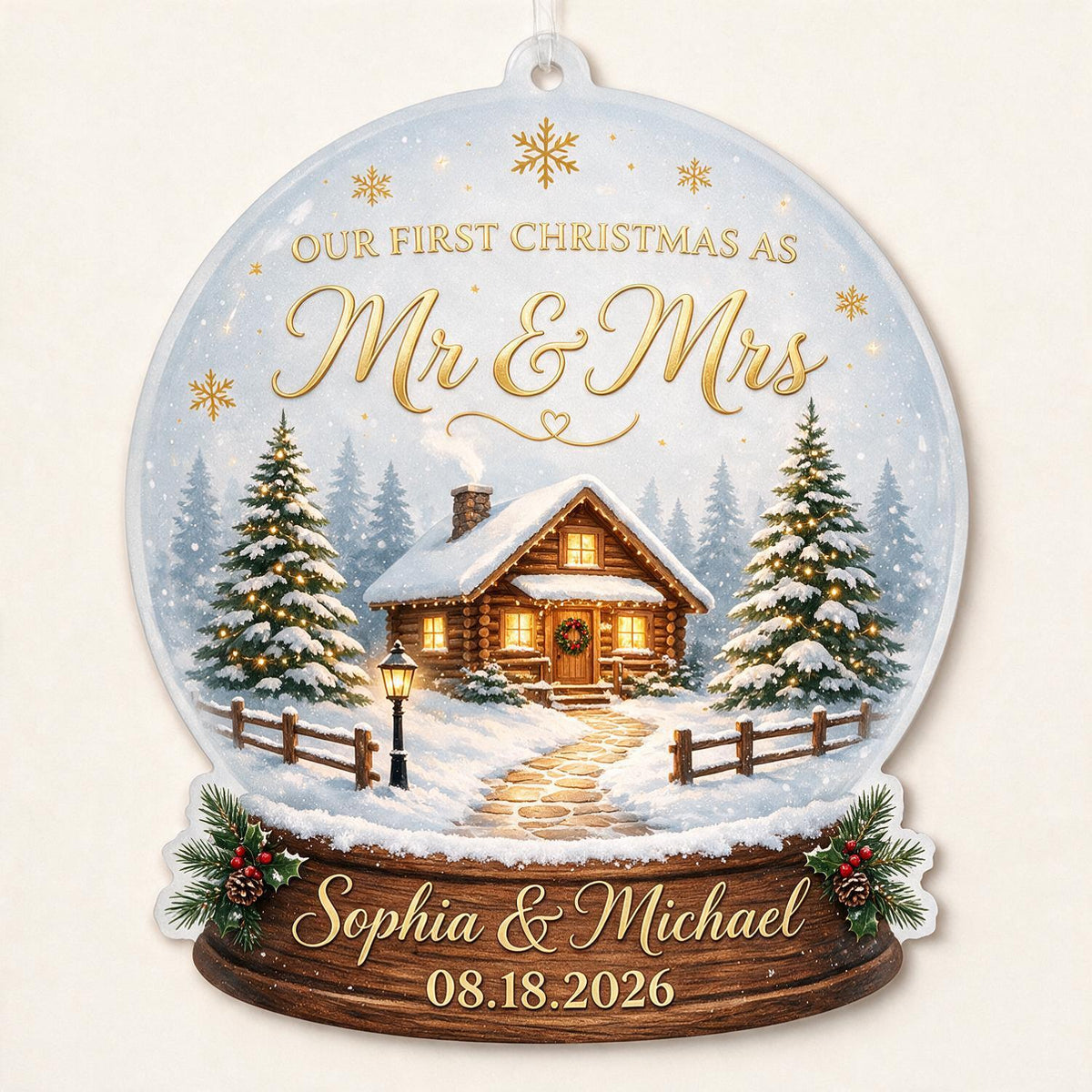 Personalized First Christmas Mr & Mrs Snow Globe Cabin Acrylic Ornament Newlywed Gift