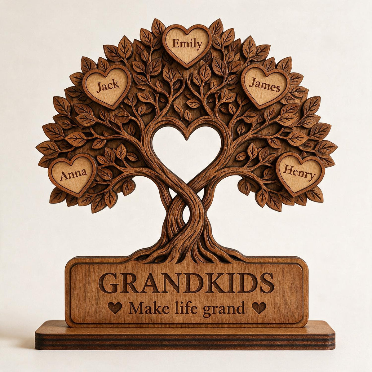 Personalized Family Tree Heart Wooden Plaque - Grandkids Make Life Grand Keepsake Gift for Grandparents
