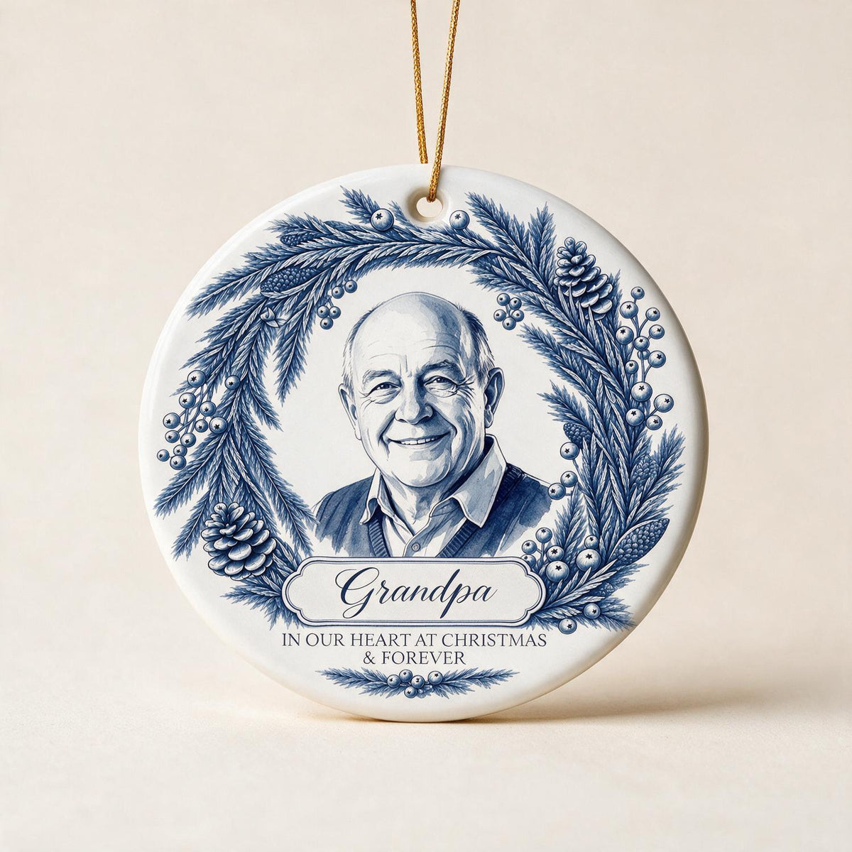 Personalized Christmas Memorial Grandpa Photo Ornament, Blue Willow Keepsake Gift