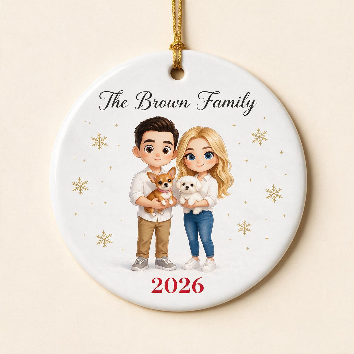 Personalized Christmas Family & Pet Cartoon Portrait Ceramic Ornament Keepsake
