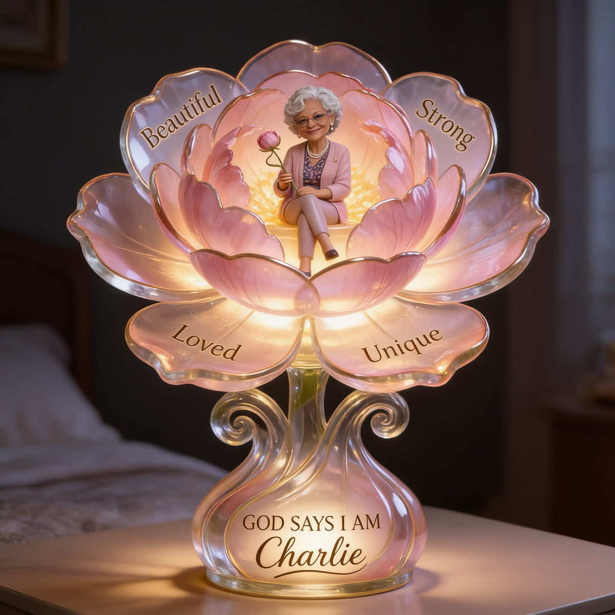 Personalized Older Black Woman Lotus Acrylic LED Night Light Mom Grandma Wife Gift