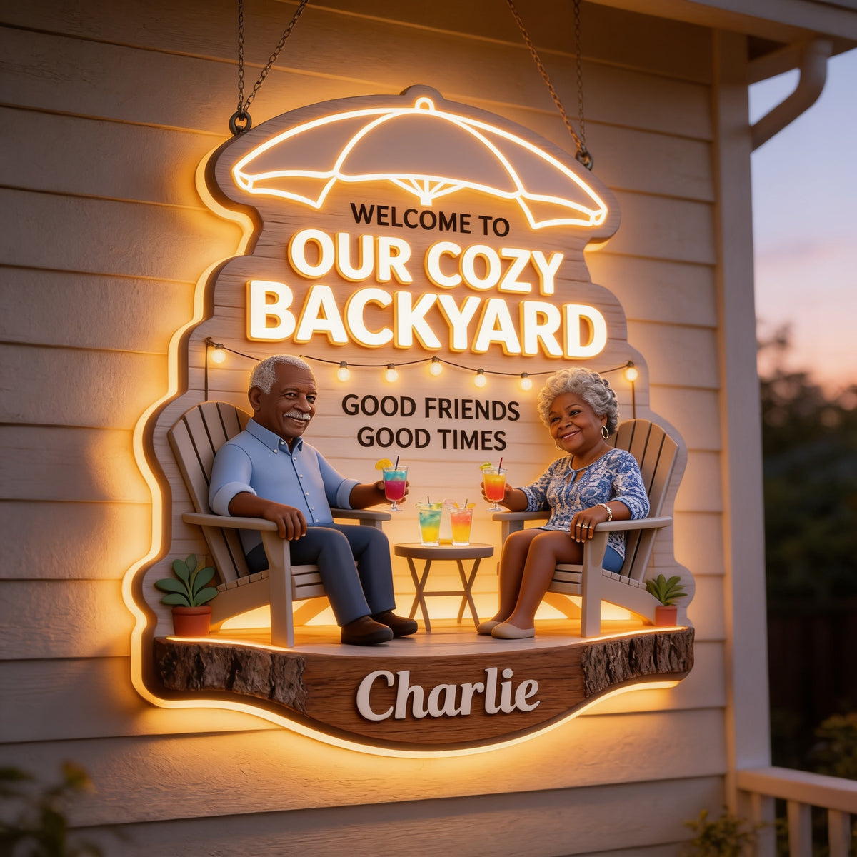 Personalized Older Black Couple Backyard LED Acrylic Sign Patio Decor