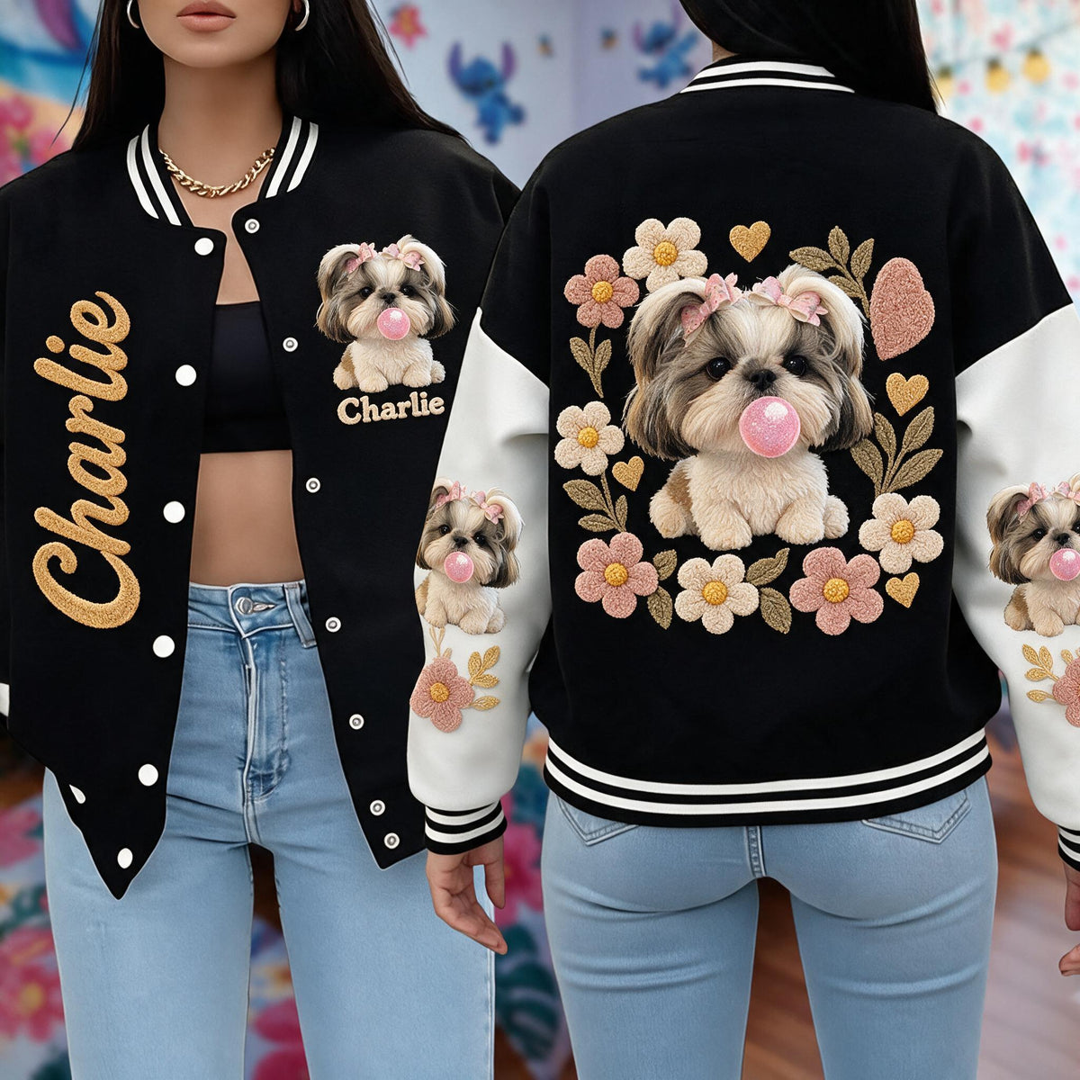 Personalized Fluffy Shih Tzu Varsity Jacket Dog Lover Casual Outerwear