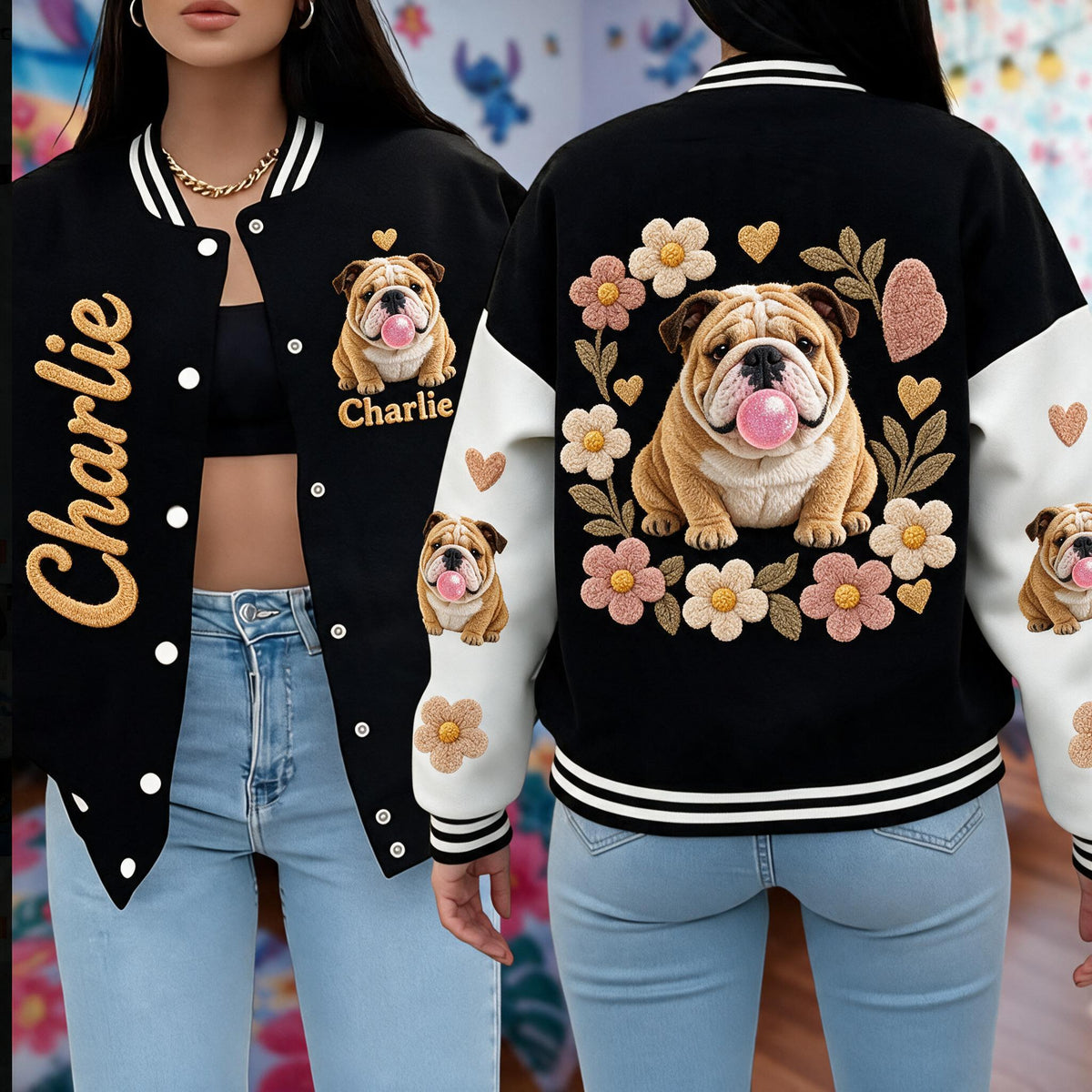 Personalized Fawn and White Adult Bulldog Varsity Jacket Dog Lover Gift