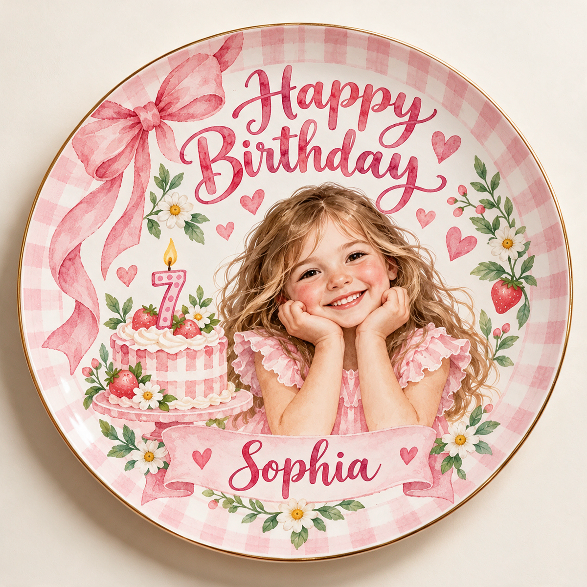 Personalized Birthday Ceramic Round Plate - Custom Portrait, Name and Age, Pink Bow and Floral Design