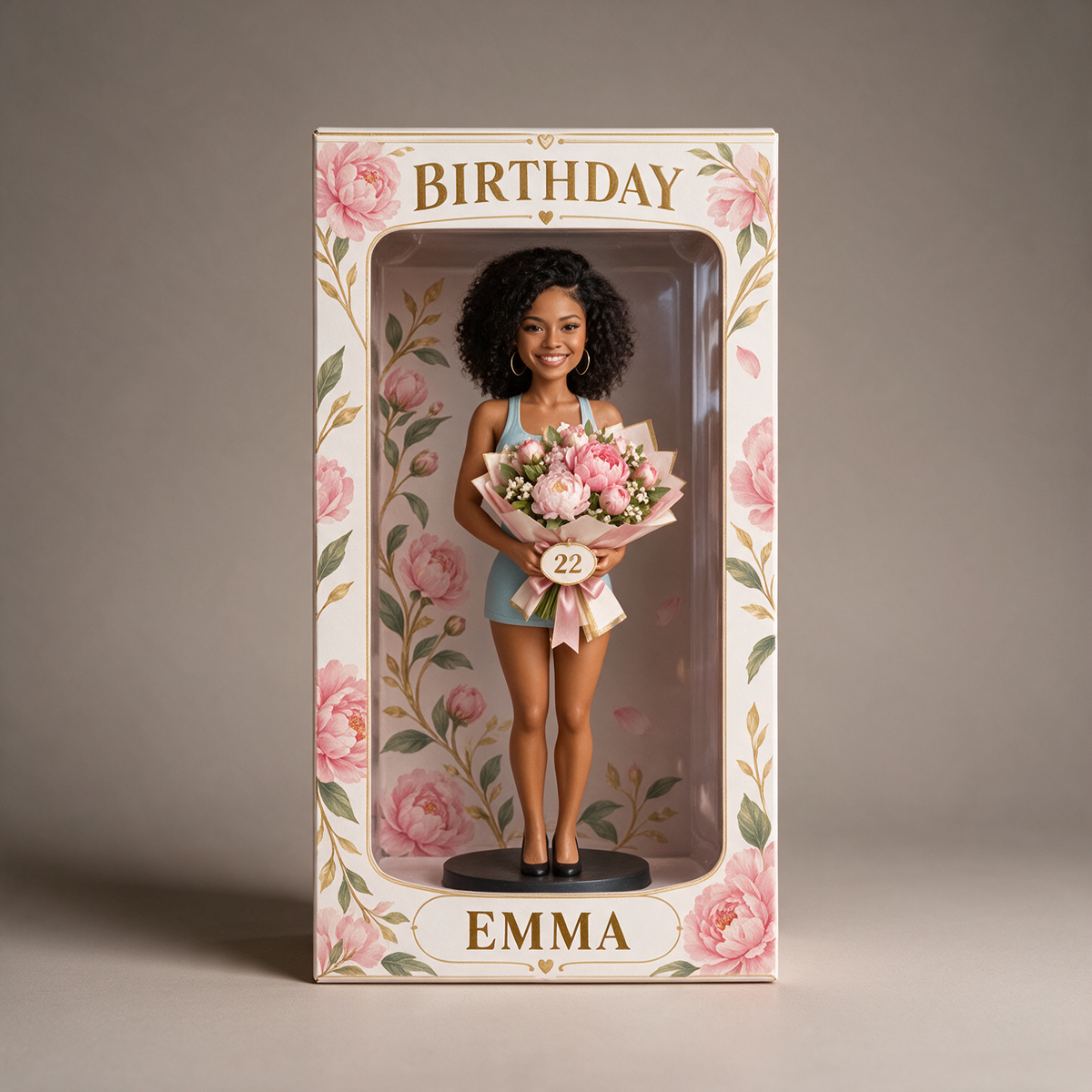 Personalized Birthday Display Box - Portrait Figurine, Bee Cake, Name and Age