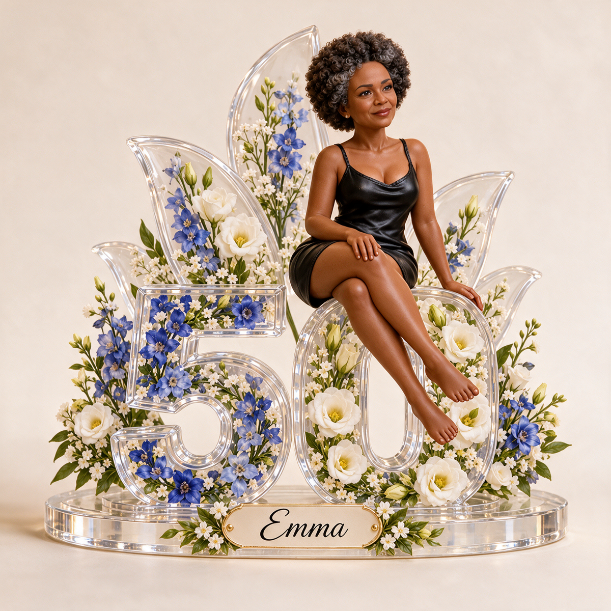 Personalisierte benutzerdefinierte Foto blaue Blumen Acrylplakette - 50. Geburtstagsgeschenk für Frauen