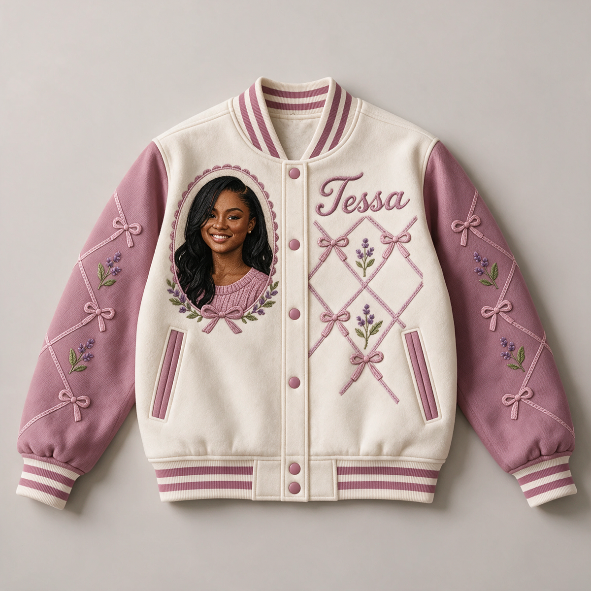 Personalized Birthday Varsity Jacket - Bow Lattice Portrait and Name